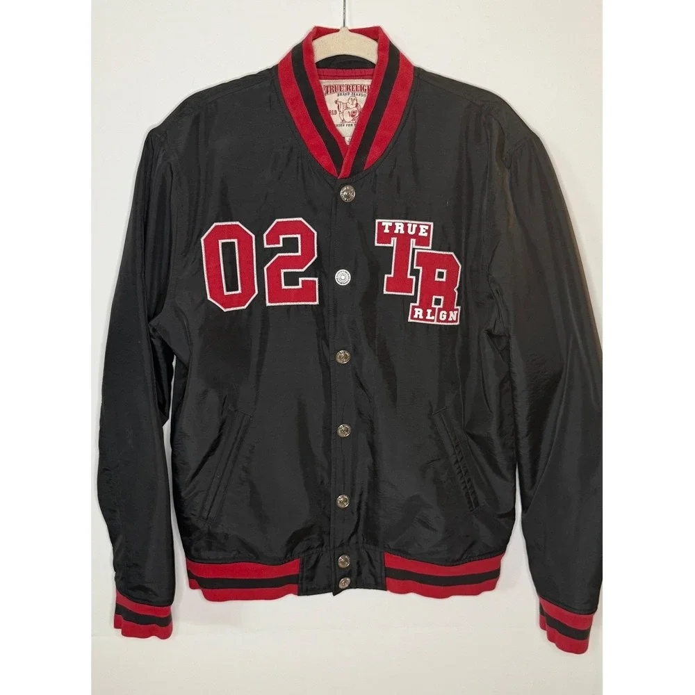 True Religion Black Red Tiger Graphic Bomber Varsity Jacket Men's Size‎ Large
